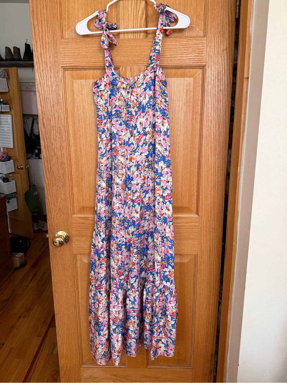 Floral, Tiered, Tie-Strap Maxi Dress - Blue/Pink
